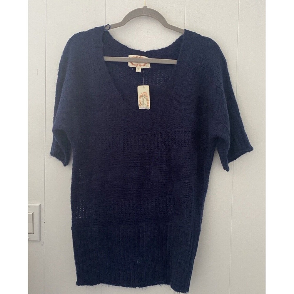 Ambiance Apparel Navy Blue v-neck Knit SWEATER 3/4 sleeve Sz Large Lightweight